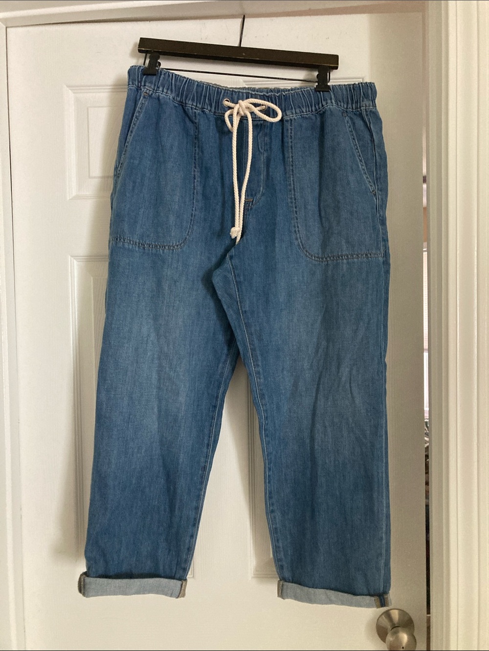 JCrew Factory denim drawstring pants in east harbor wash